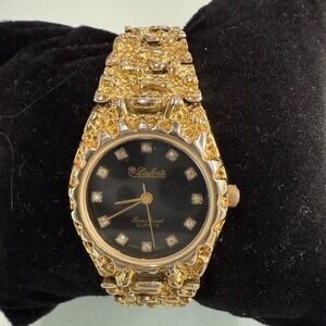 Vintage Dufonte Lucien‎ Piccard Gold Nugget Watch Black Diamond Dial